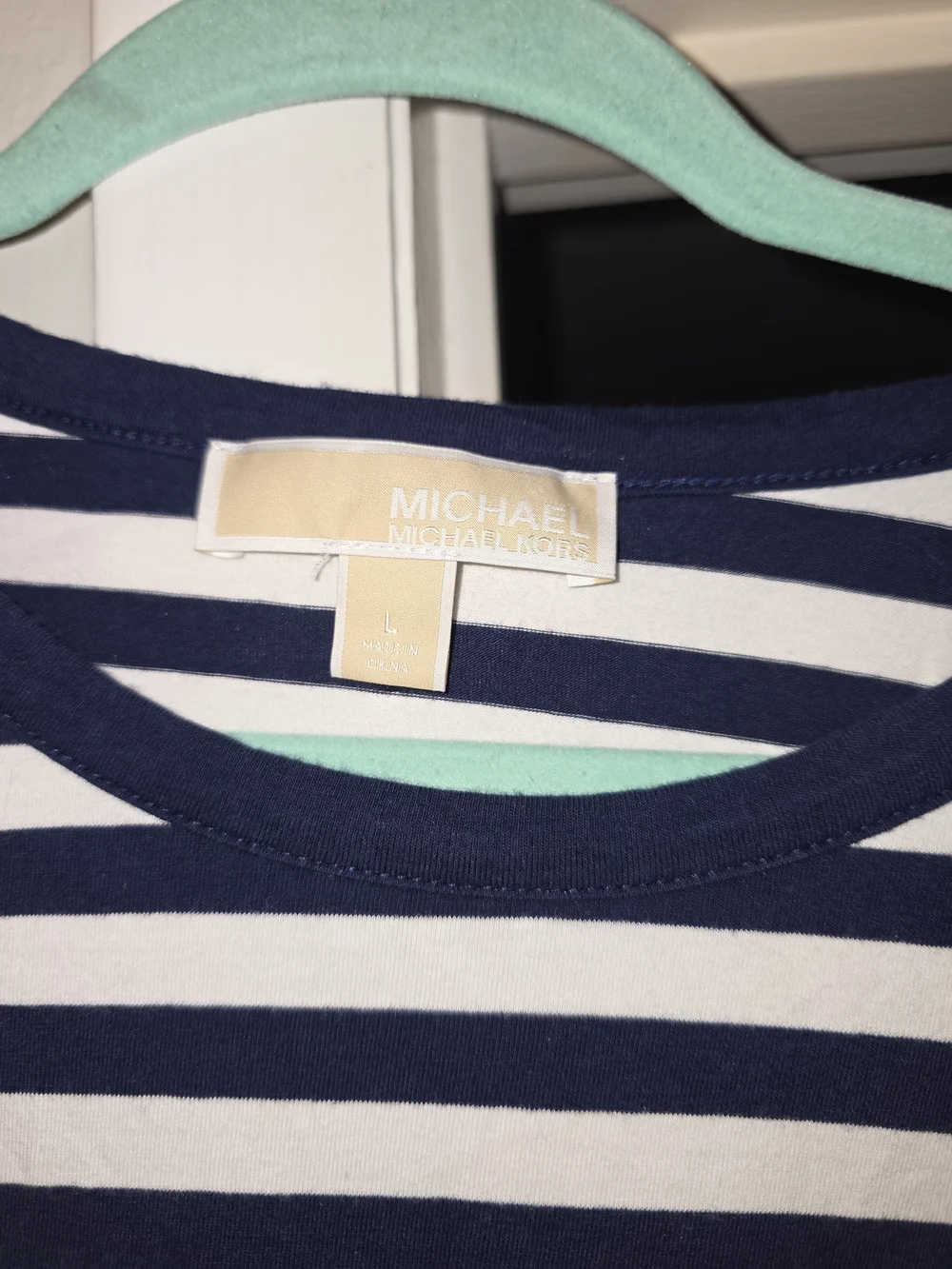 Michael Kors Navy and White Striped Dress with Eyelet Lace-Up Sleeve